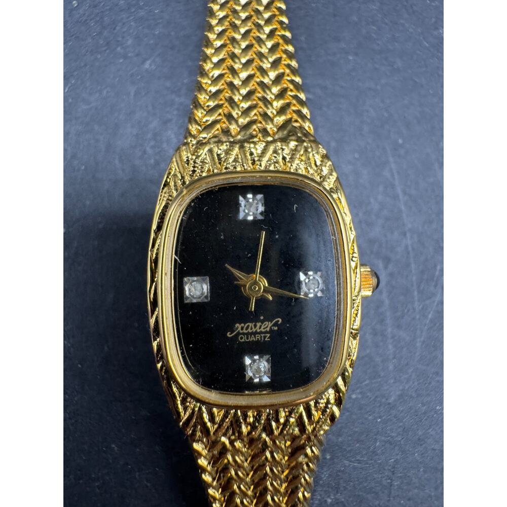Vtg Ladies XAVIER Diamond Gold Tone Tank Quartz Wristwatch 18MM Black Dial